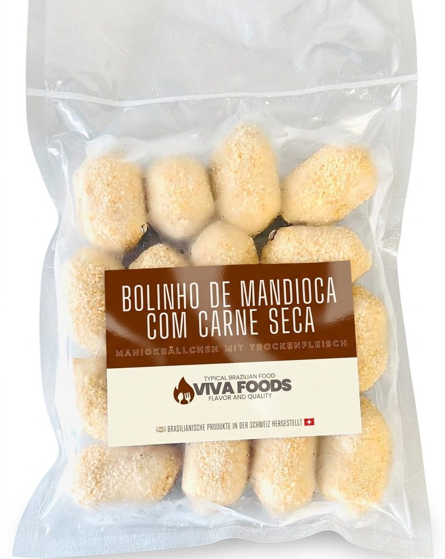 BOLINHO DE MANDIOCA COM CARNE SECA CRUA (Saco de 16 Unid)